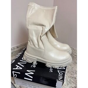 Wild Diva Lounge Status-10 Beige Mid Calf Lug Sole Platform Boots Womens 10